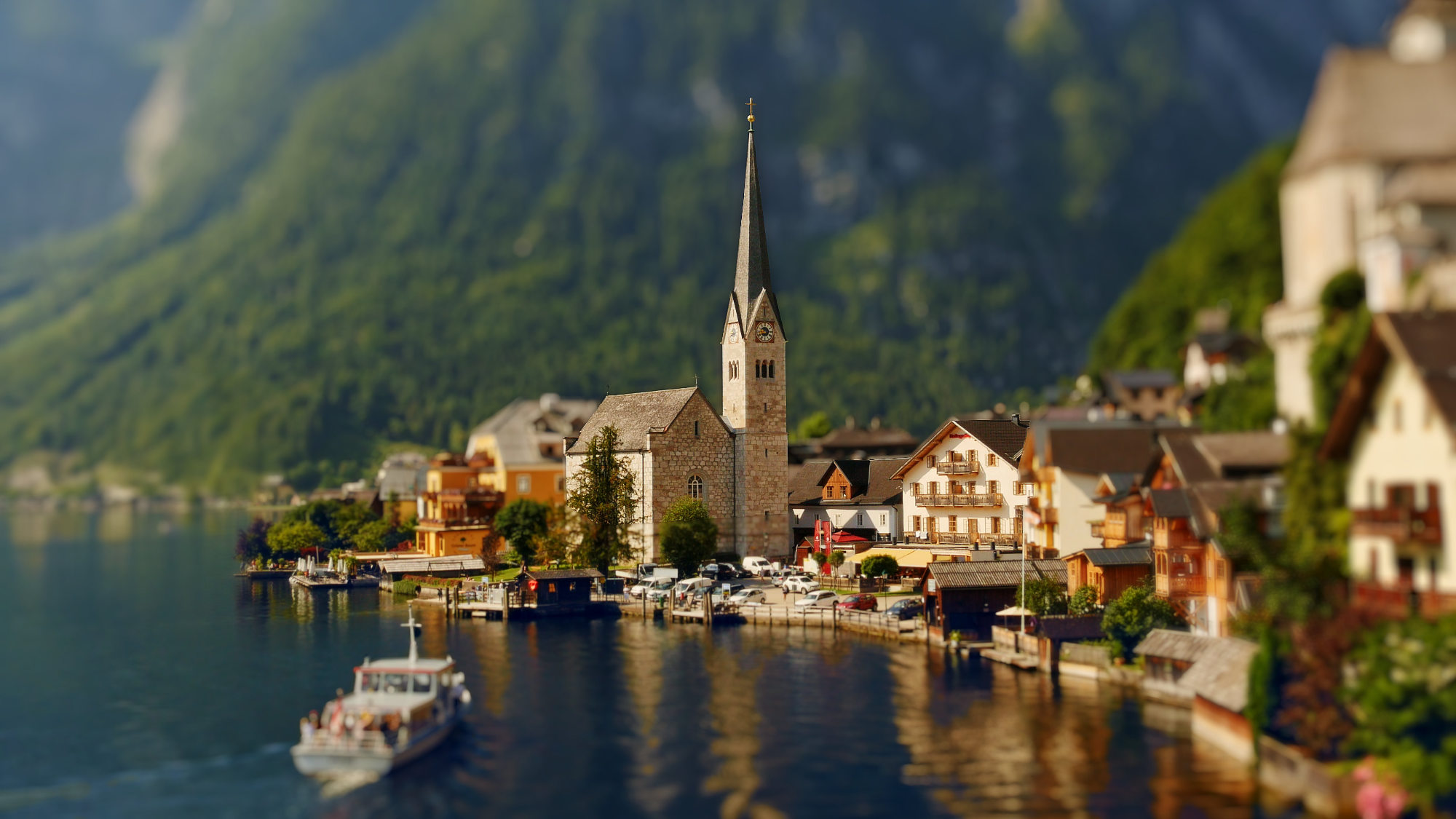 Insta view of Hallstatt, Austria in miniature look. Screenshot from tilt shift time lapse video