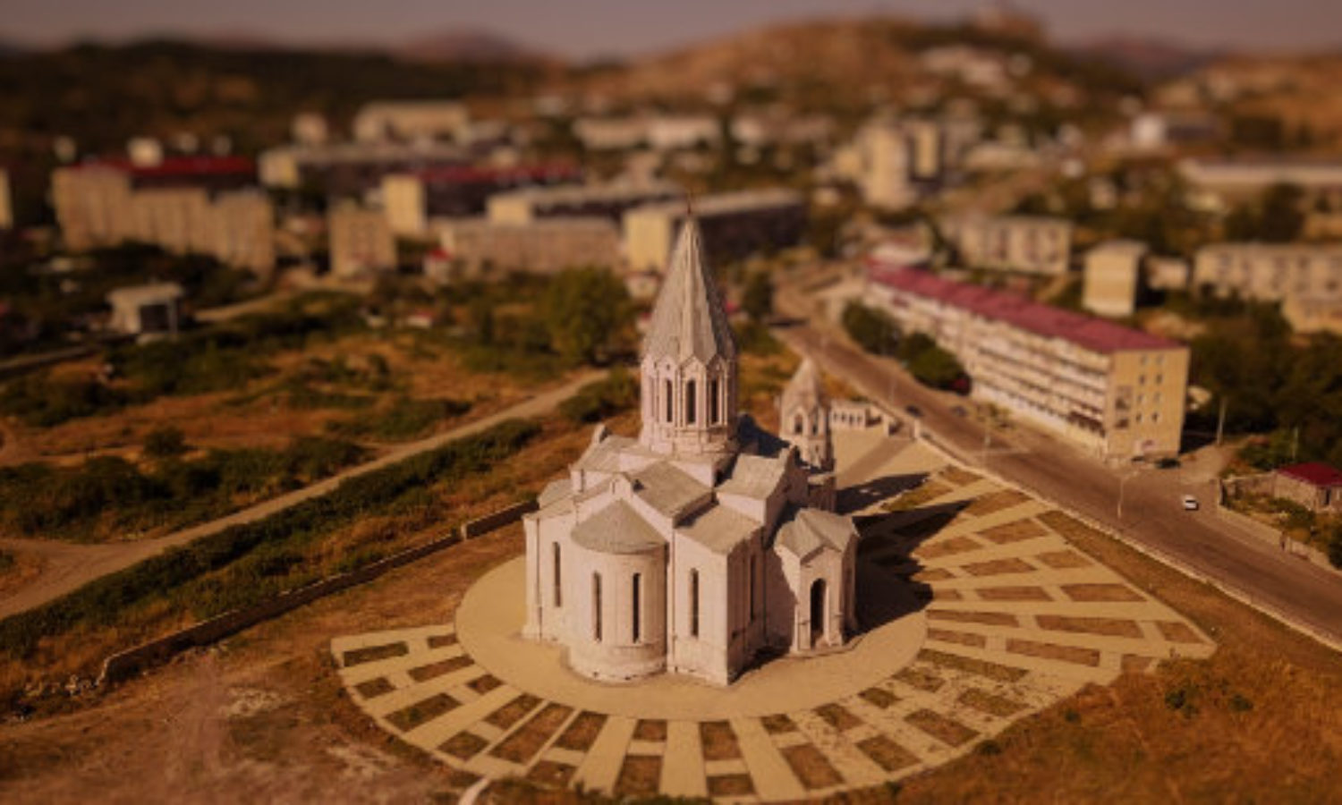 Drone view Cathedral in Sushi, Nagorno-Karabakh in tilt-shift video