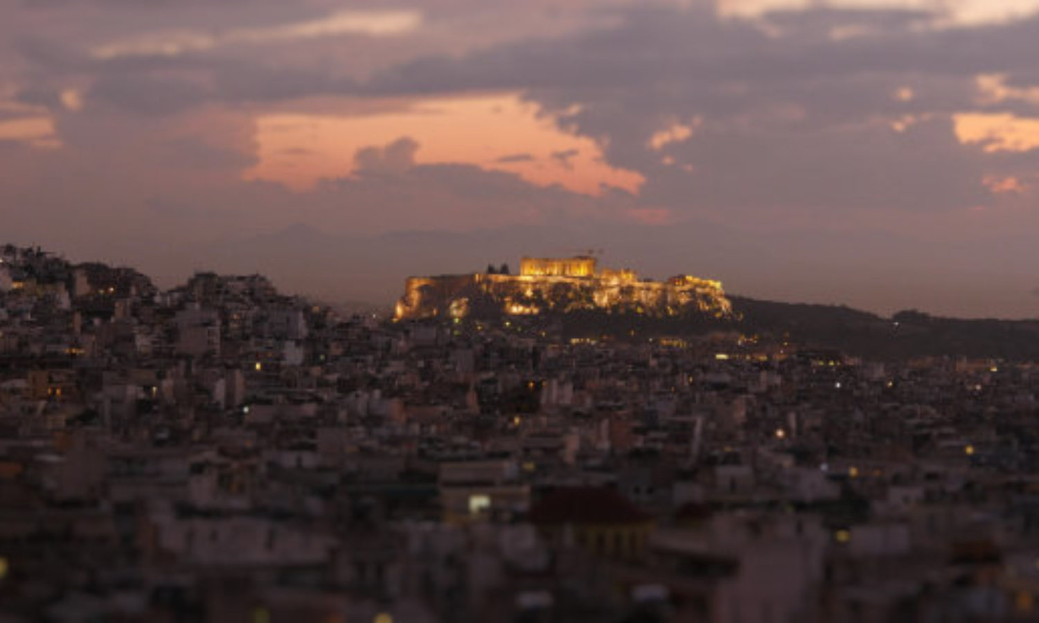 Night view of Acropolis in Athens in tilt-shift video