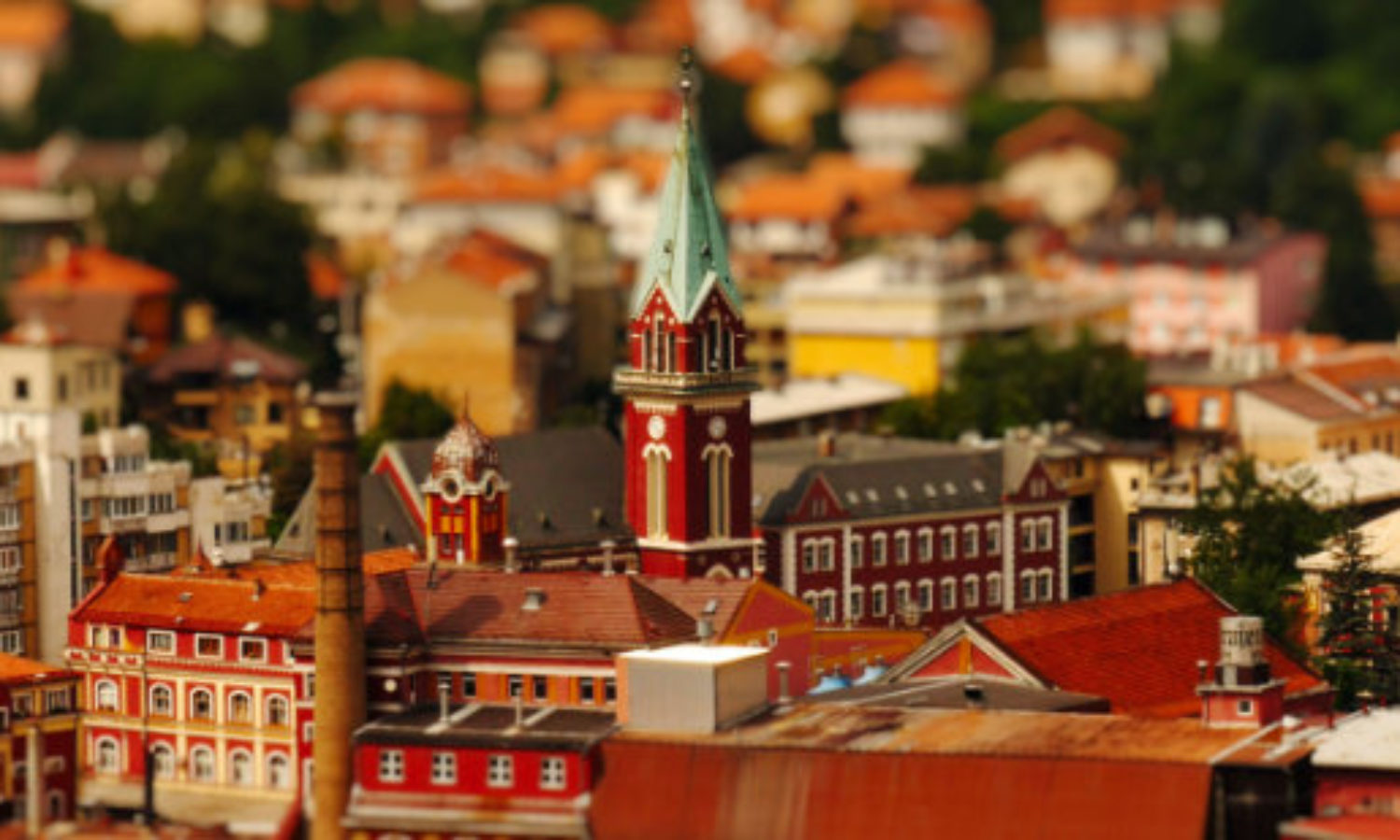 Aerial view of Church in Sarajevo in tilt-shift video
