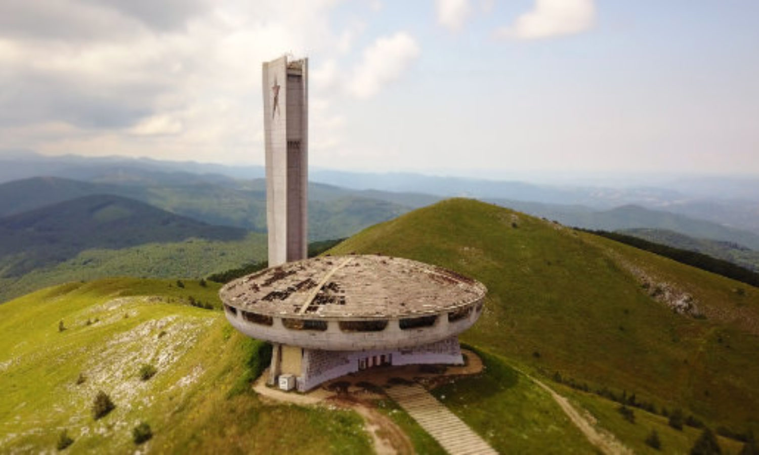 Drone view of Buzludzha Monument in Bulgaria in tilt-shift video