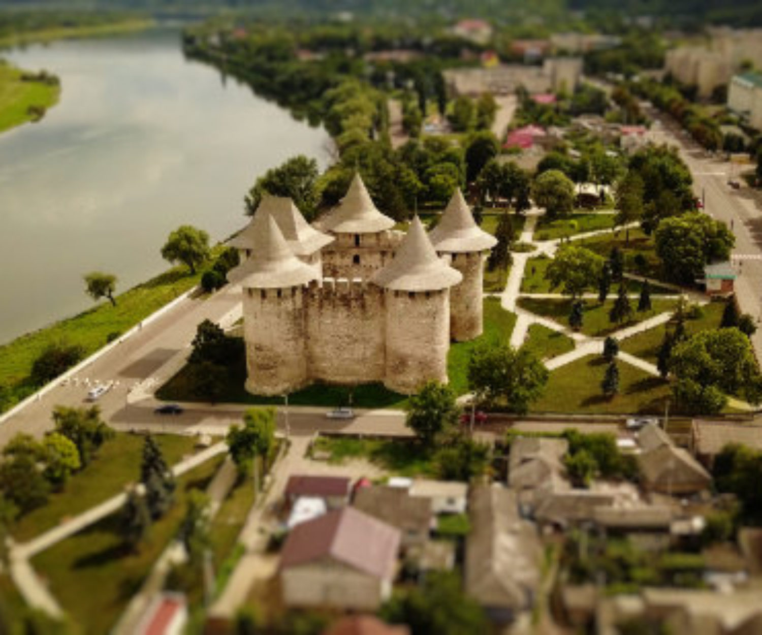 Drone view of Soroca Fortress in Moldova in tilt-shift video