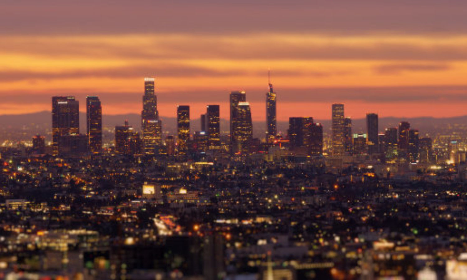Skyline of Los Angeles at Sunrise in tilt-shift miniature look.