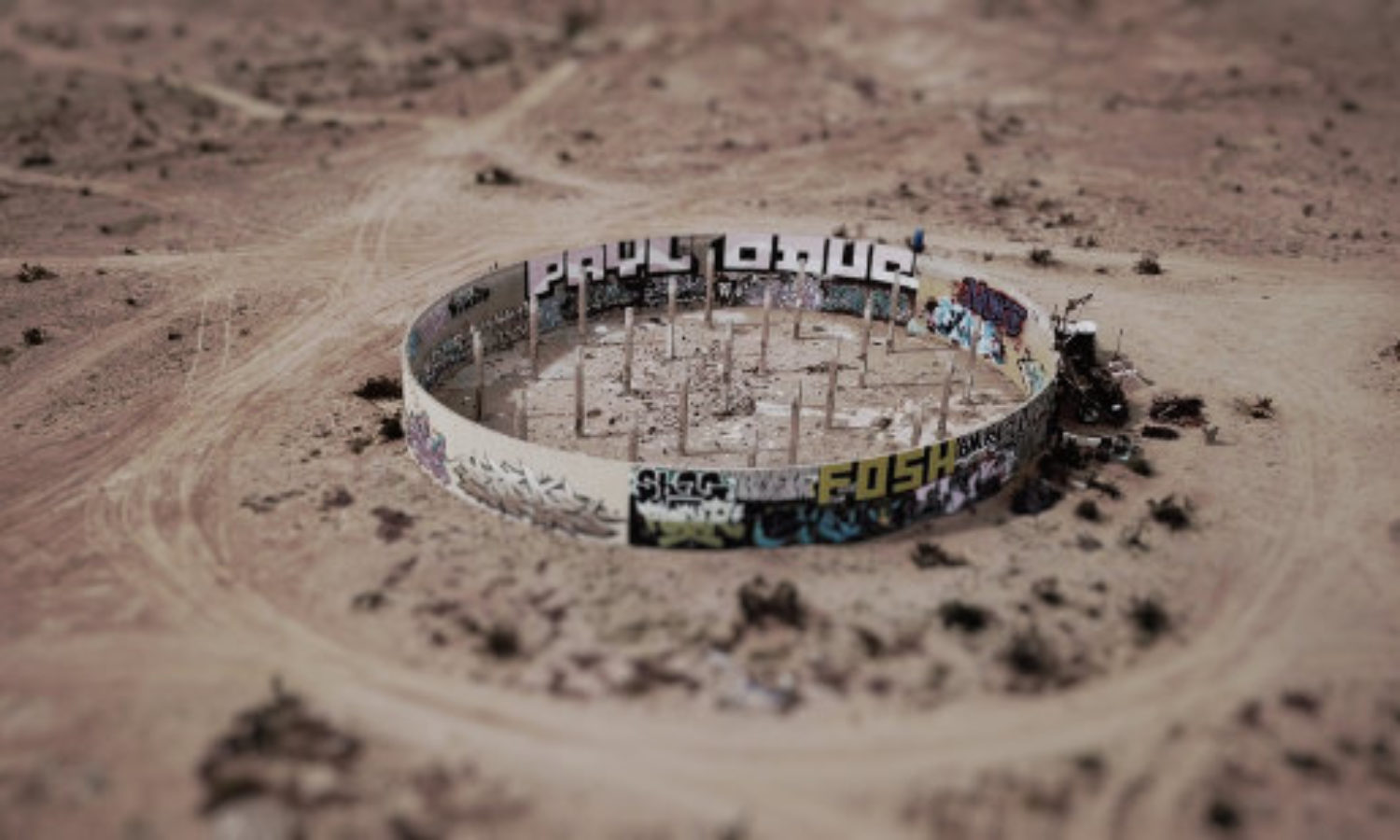 Aerial view of Slab City Water Resorvior in California in tilt-shift video.