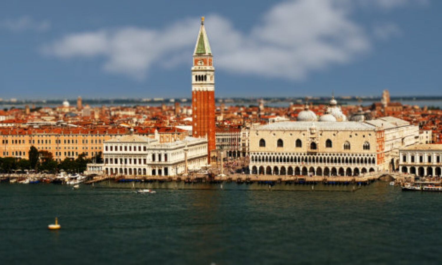 Aerial view of Venice, Italy in minature tilt-shift toy look.