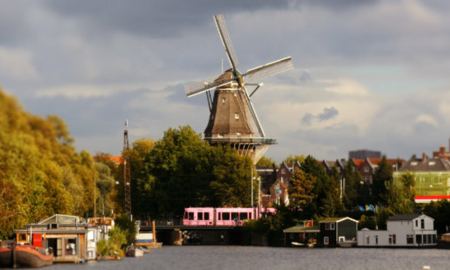 Wind mitt in Amsterdam Holand in minature tilt-shift toy look.