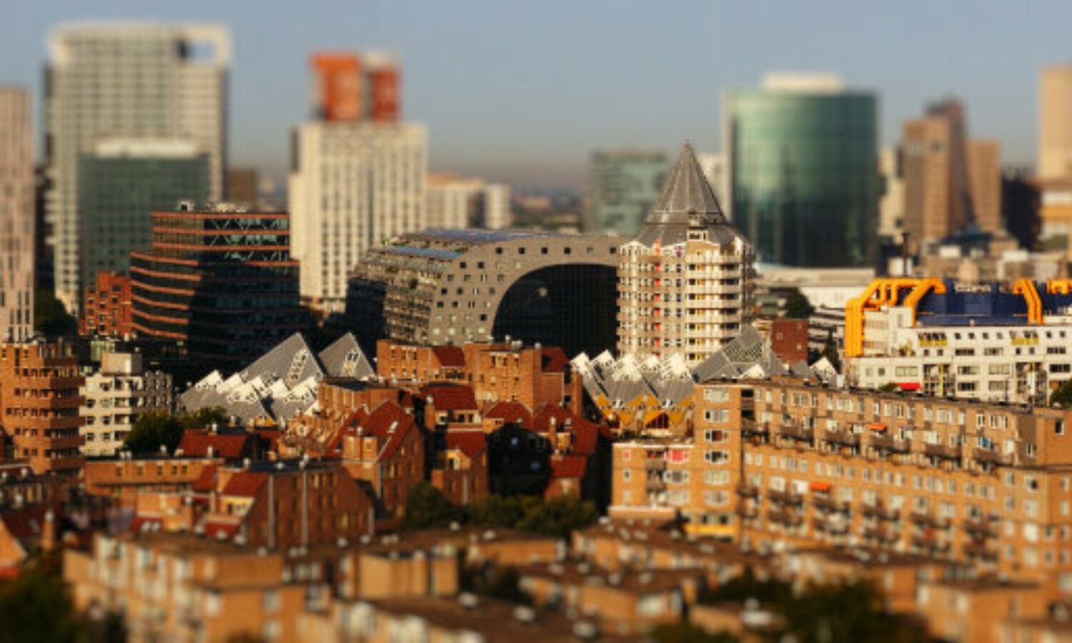 Aerial view of Rotterdam, Holland in minature tilt-shift toy look.