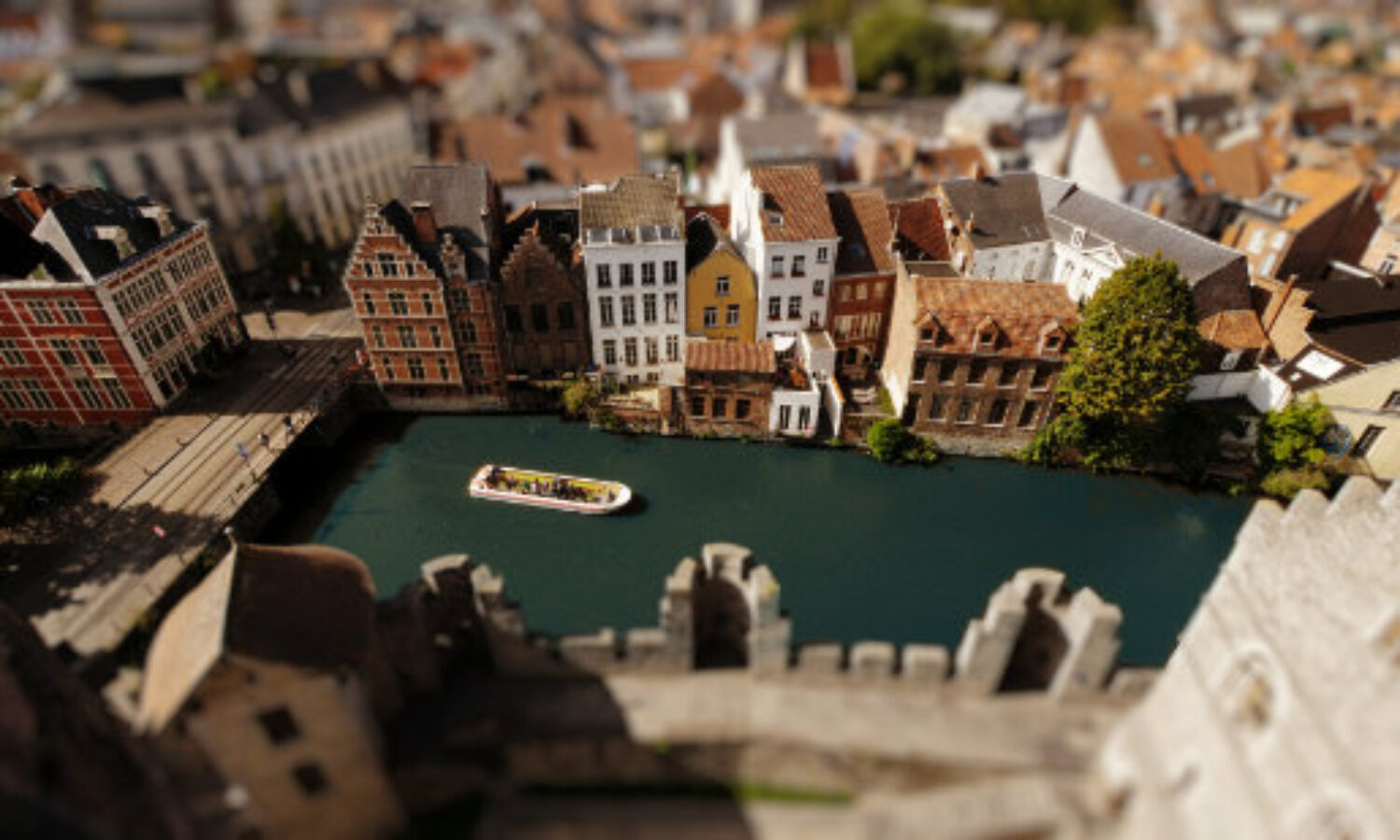 Aerial view of Ghent in Belgium in minature tilt-shift toy look.