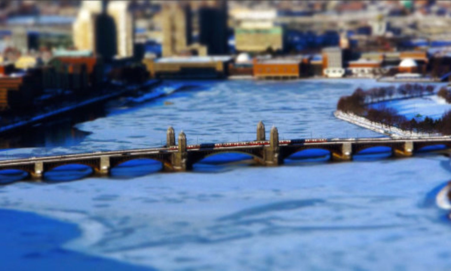 Aerial shot of Boston in winter in tilt shift video