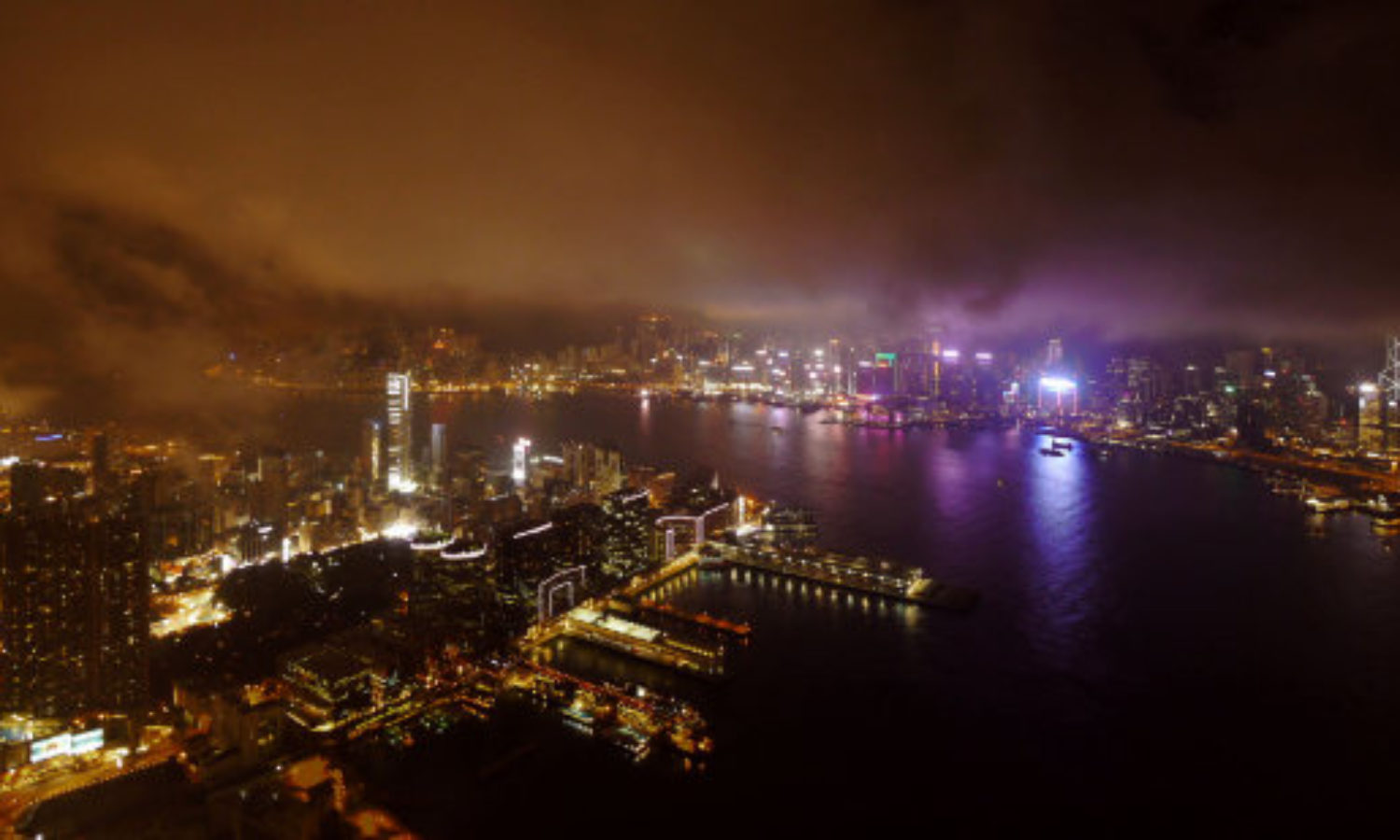 Aerial Night skyline of Hong Kong in tilt-shift video