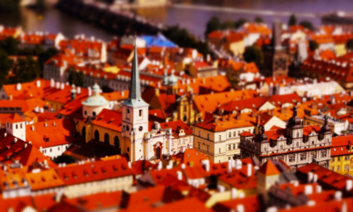 Aerial view of Prague in tilt-shift video