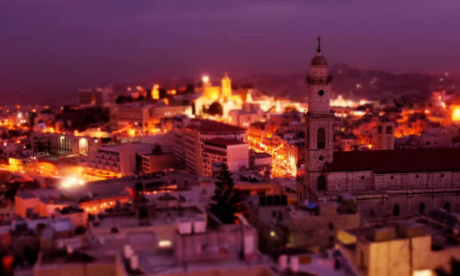 Skyline Bethlehem, Palestine at night in tilt-shift video