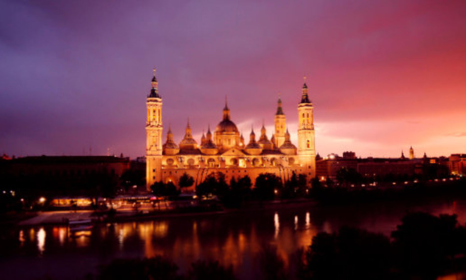 Night view of Cathedral Zaragossa Aragon, Spain in tilt-shift video