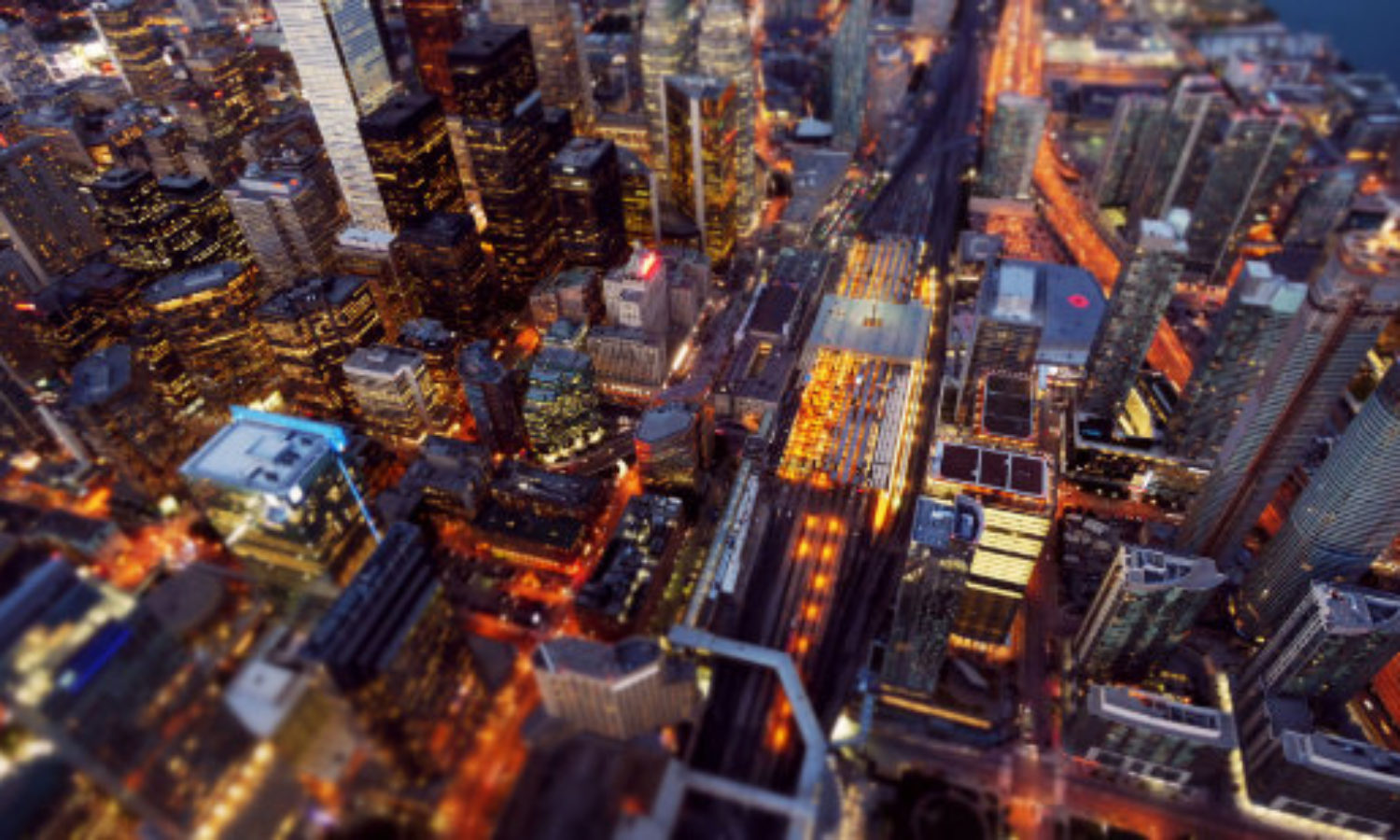 Aerial night view of Skyline of Toronto, canada in tilt-shift video