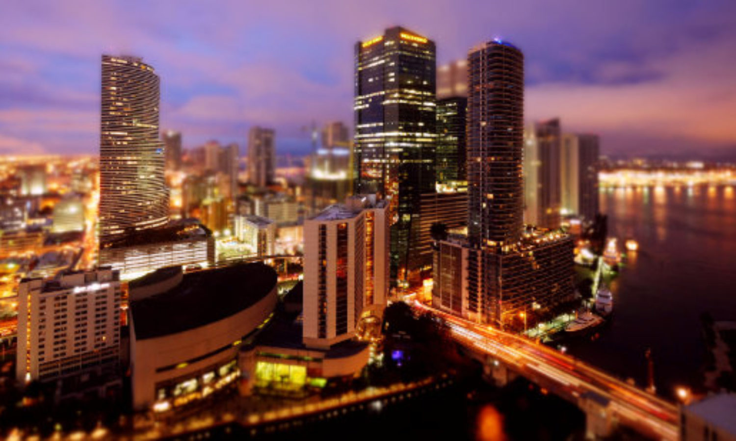 Miami skyline at night in tilt-shift video