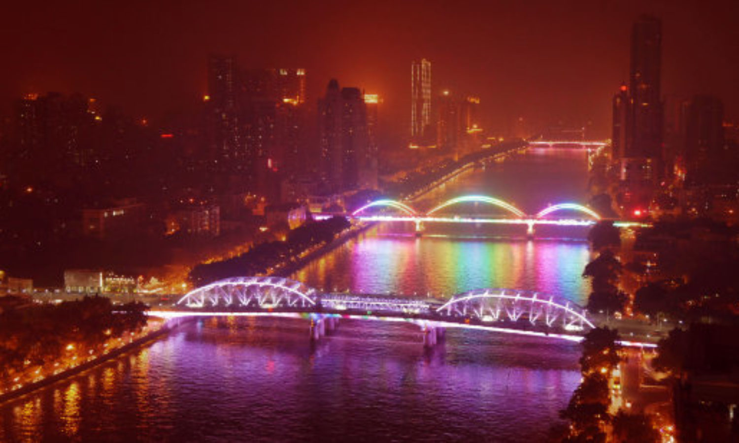 Guangzhou skyline at night in tilt-shift video