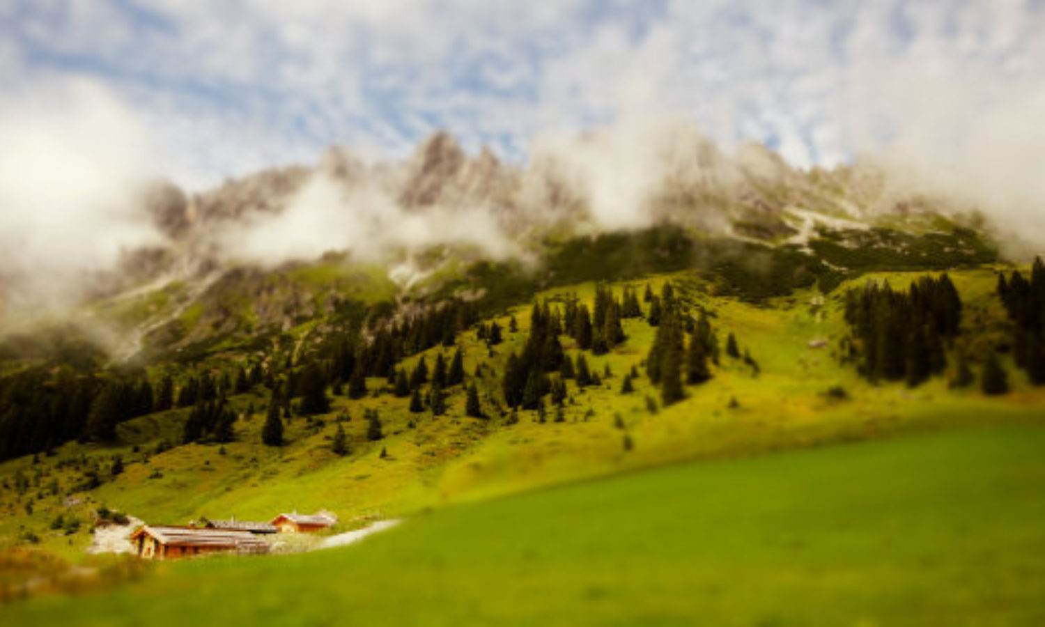 Scenic mountain panorama in the Austrian Alps in tilt-shift video