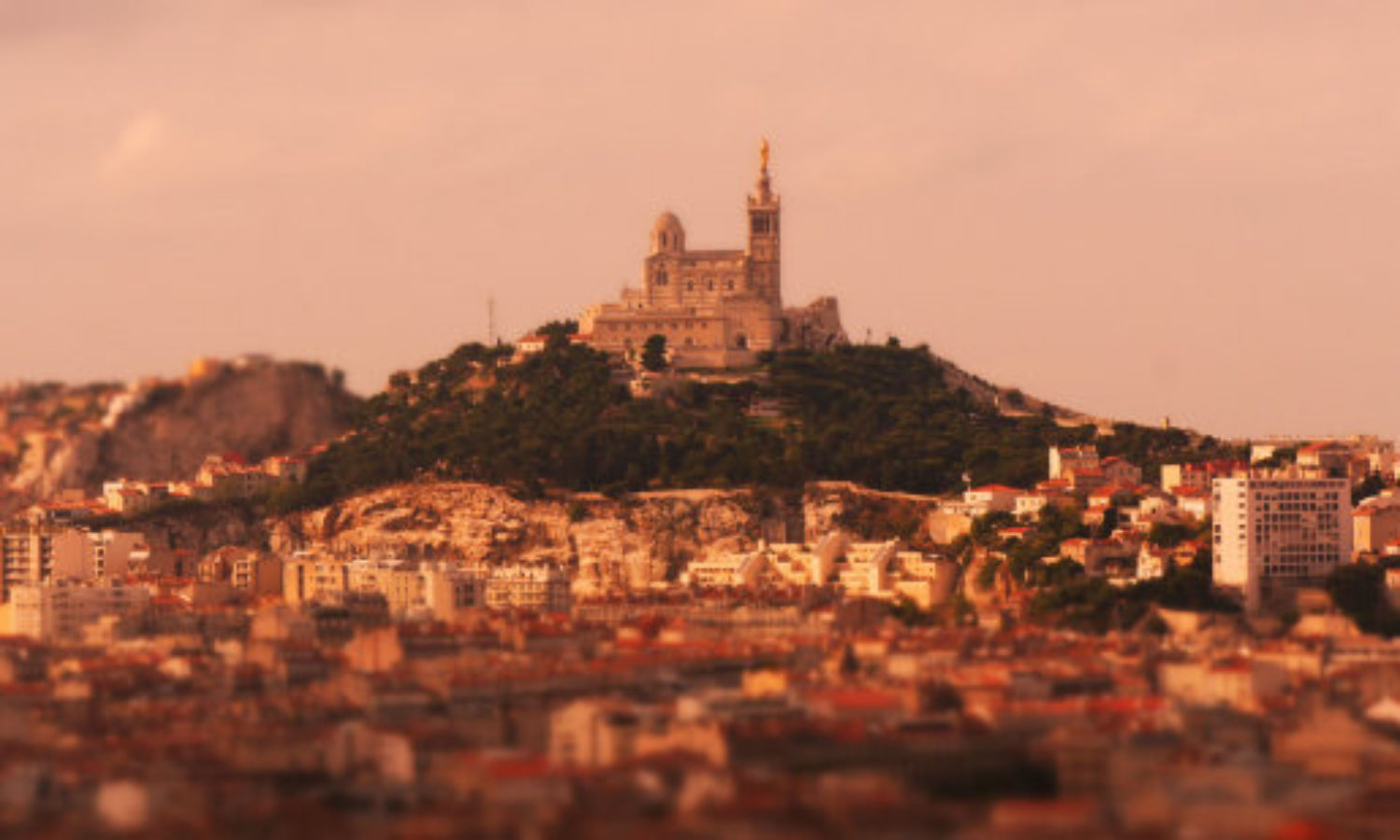 Day Skyline of Notre Dame, Marseille, France in tilt-shift video