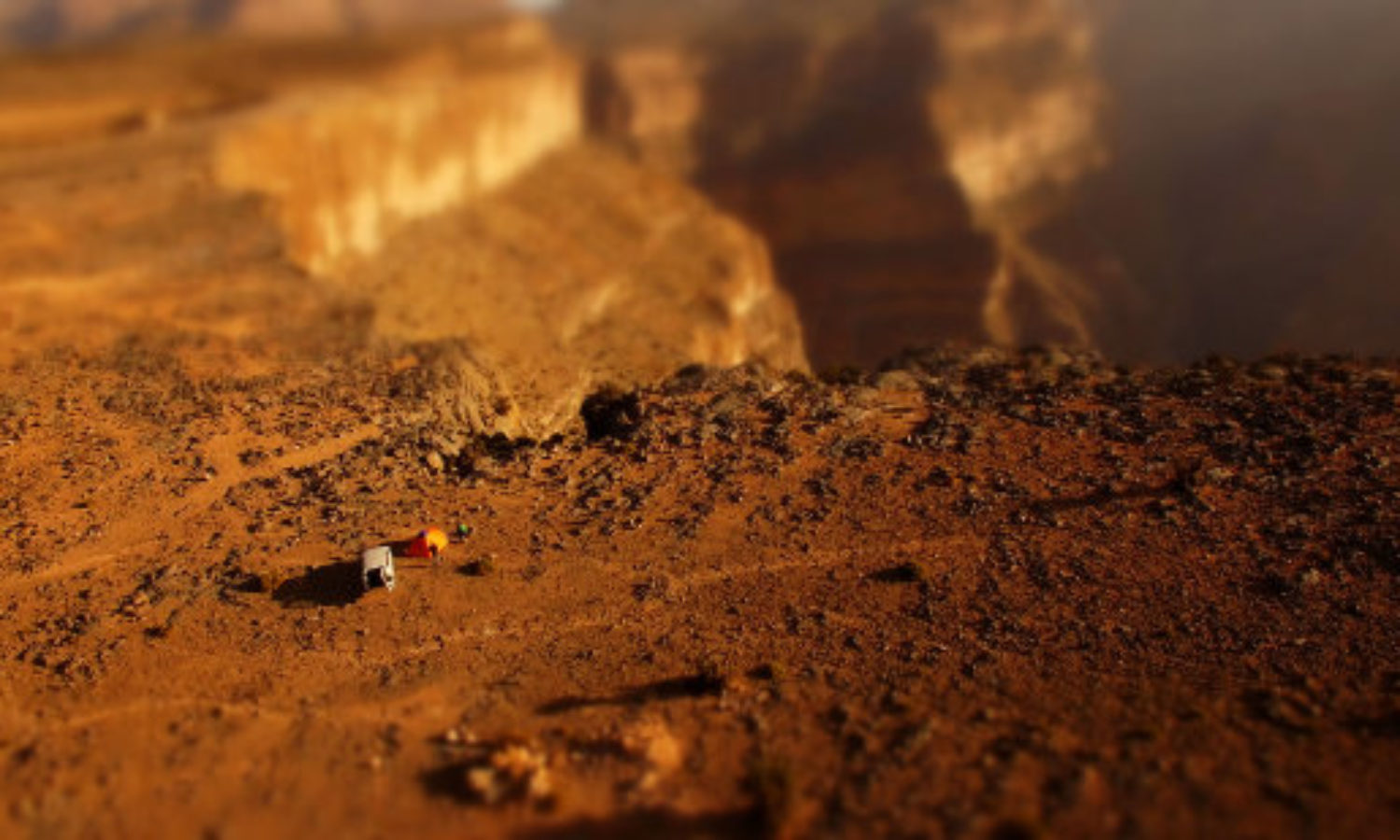 Drone view of offroad camp in Jabel Shams, Oman tilt-shift video