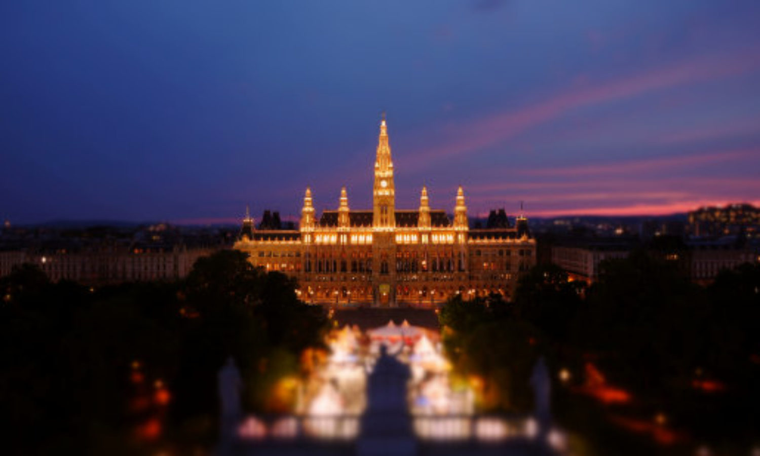 Aerial view of Vienna City Hall at sunset in tilt-shift video