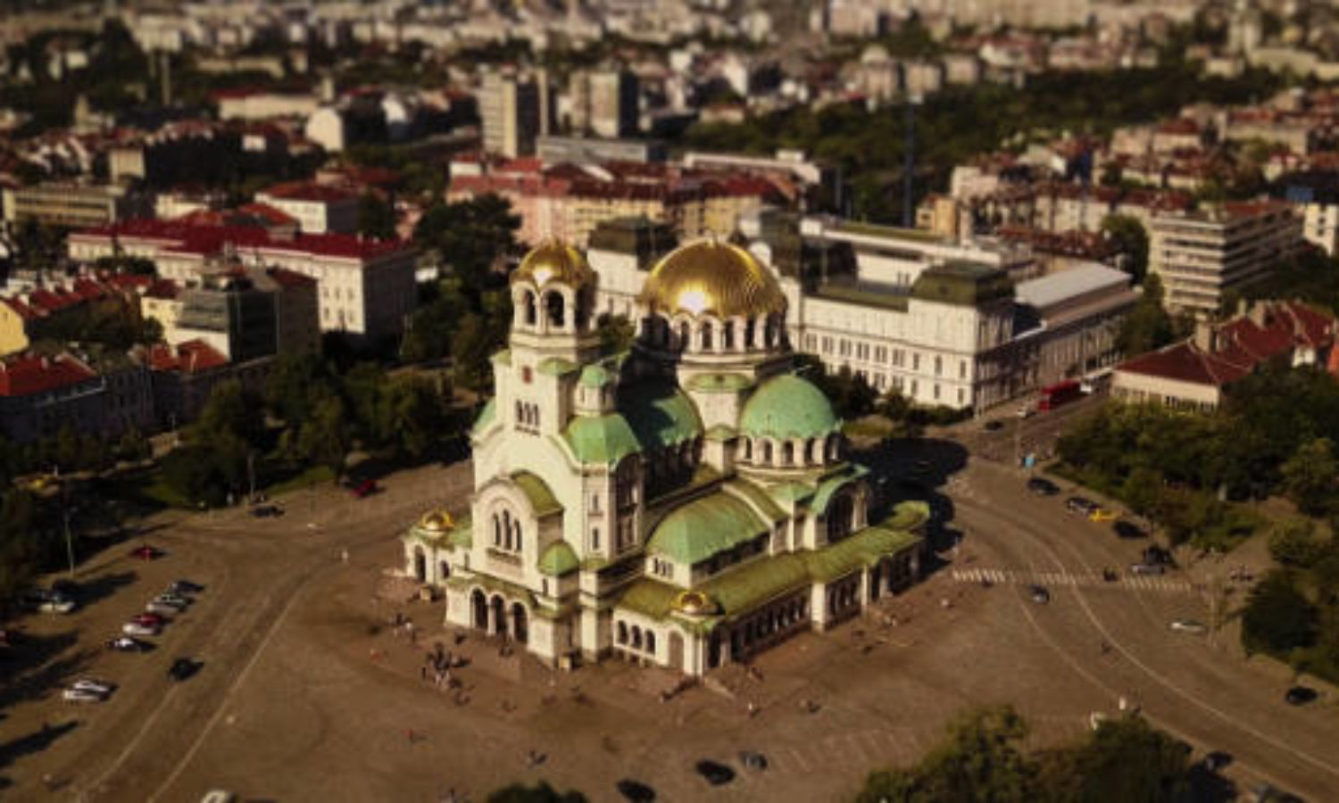 Drone shot of Alexander Nevsky Cathedral in Sofia. Tilt-shift miniature look