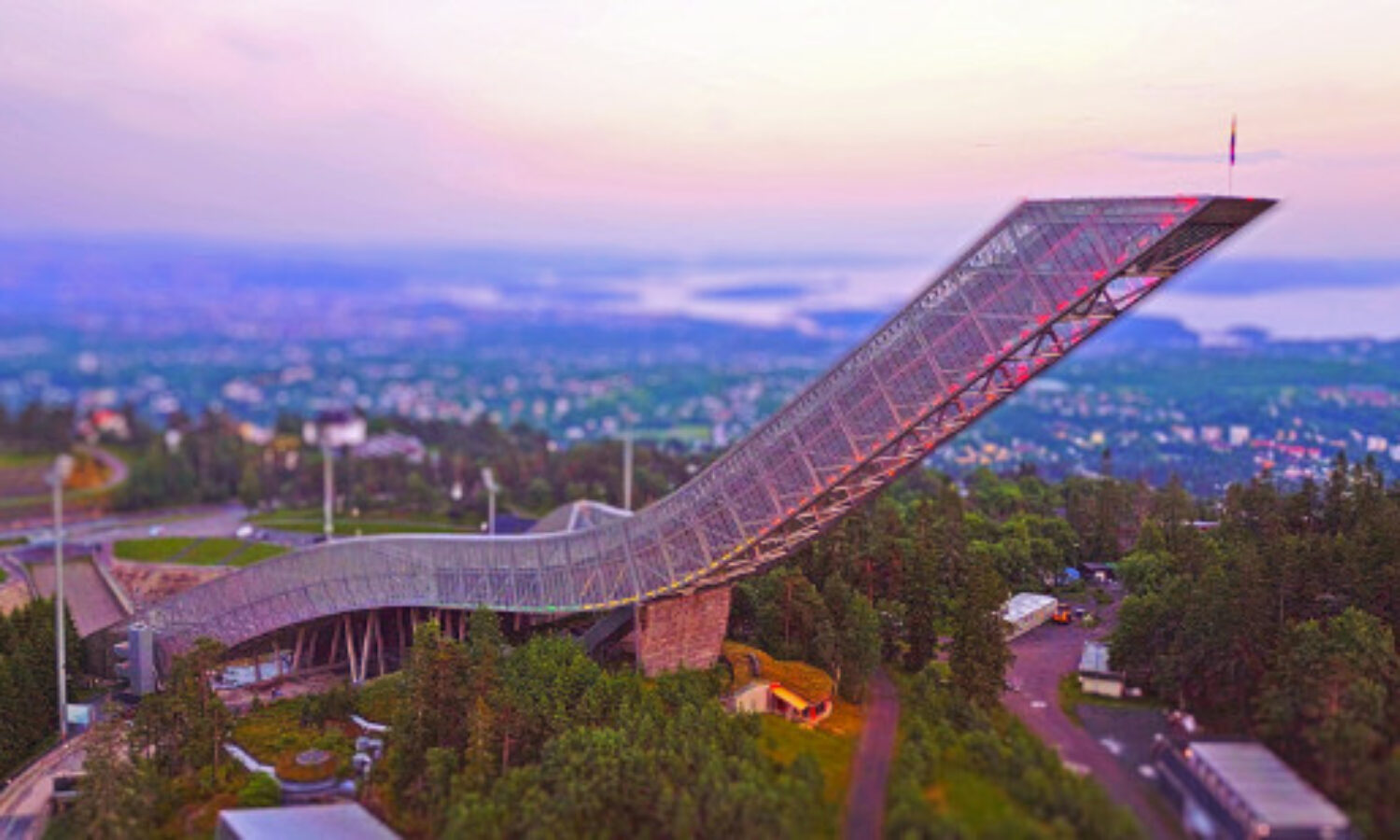 Holmenkollen Ski Jump at Sunset from Drone